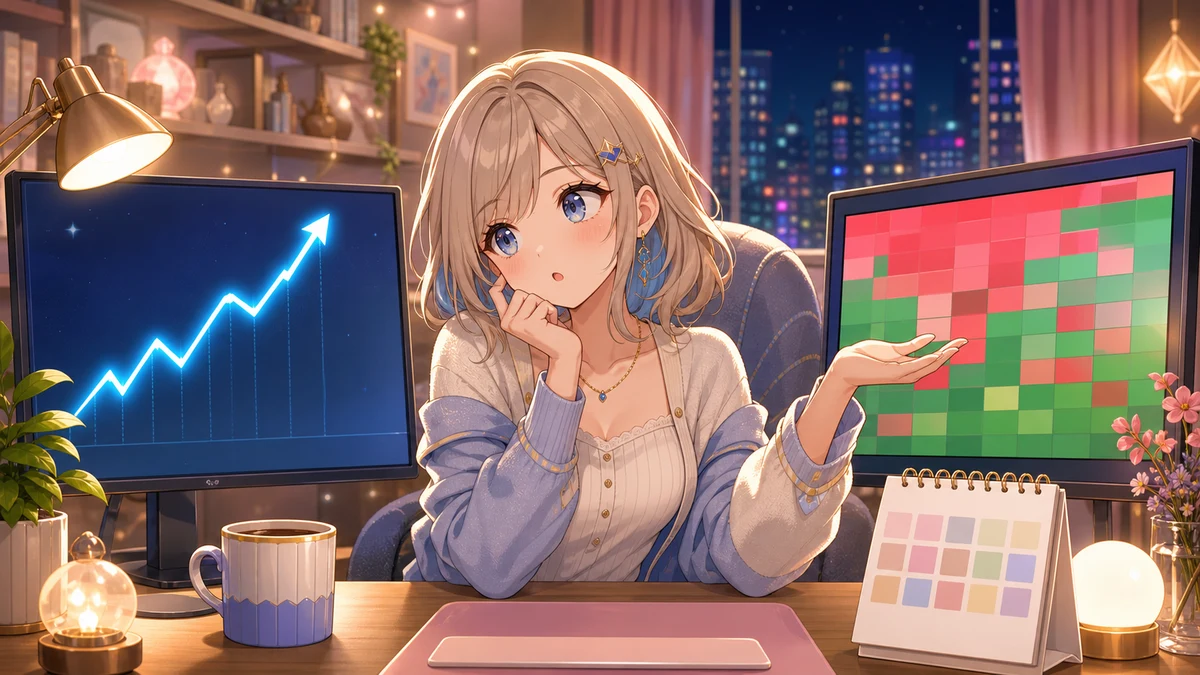 明るい配信部屋で複数のチャート画面を確認する女性キャラクターのイメージ