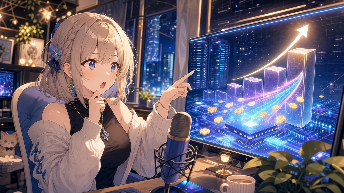 光る大型チャートとAIデータセンター風の抽象背景を前に驚く女性キャラクターのイメージ