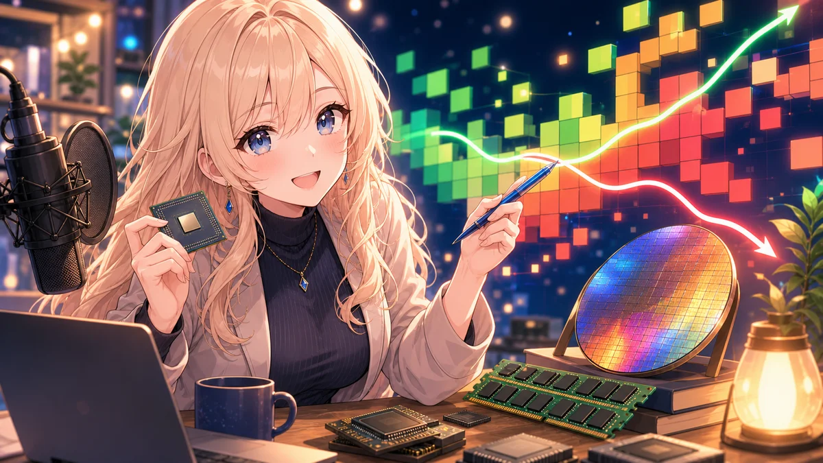 明るい配信部屋で相場ボードと半導体チップを見比べる人物のイメージ