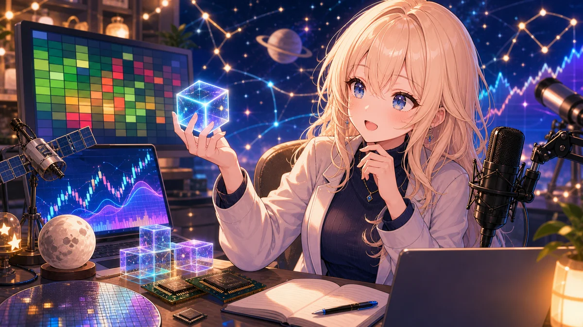 宇宙モチーフと小型株チャートを背景にコメントを読む人物のイメージ