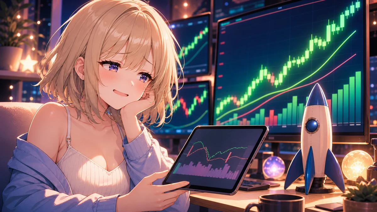 明るい配信部屋でチャート画面と小さなロケット模型を見比べる女性キャラクターのイメージ