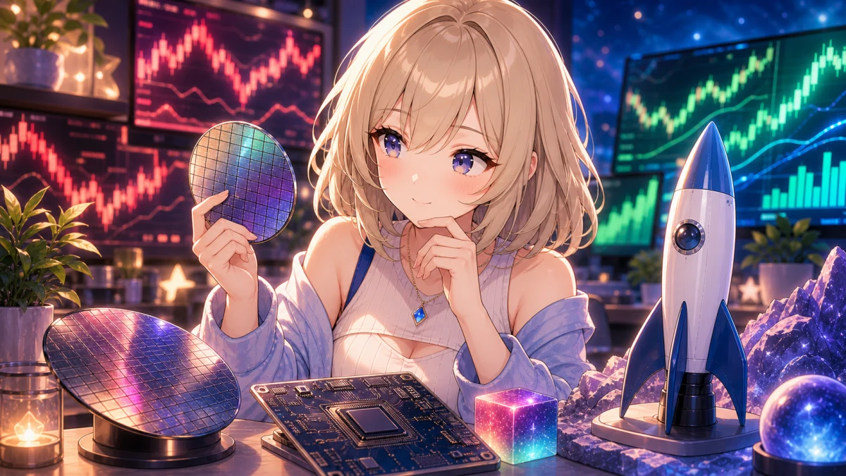赤と緑の抽象チャートが並ぶ画面の前で考え込む女性キャラクターのイメージ