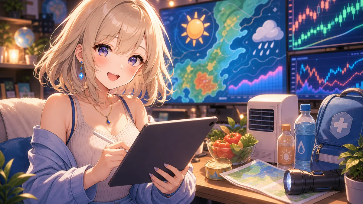 経済ニュース画面と天気図を並べた机でメモを取る女性キャラクターのイメージ
