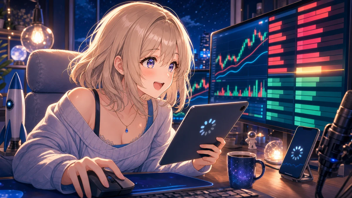 夜の配信部屋でロケット模型と海外市場チャートを見守る女性キャラクターのイメージ