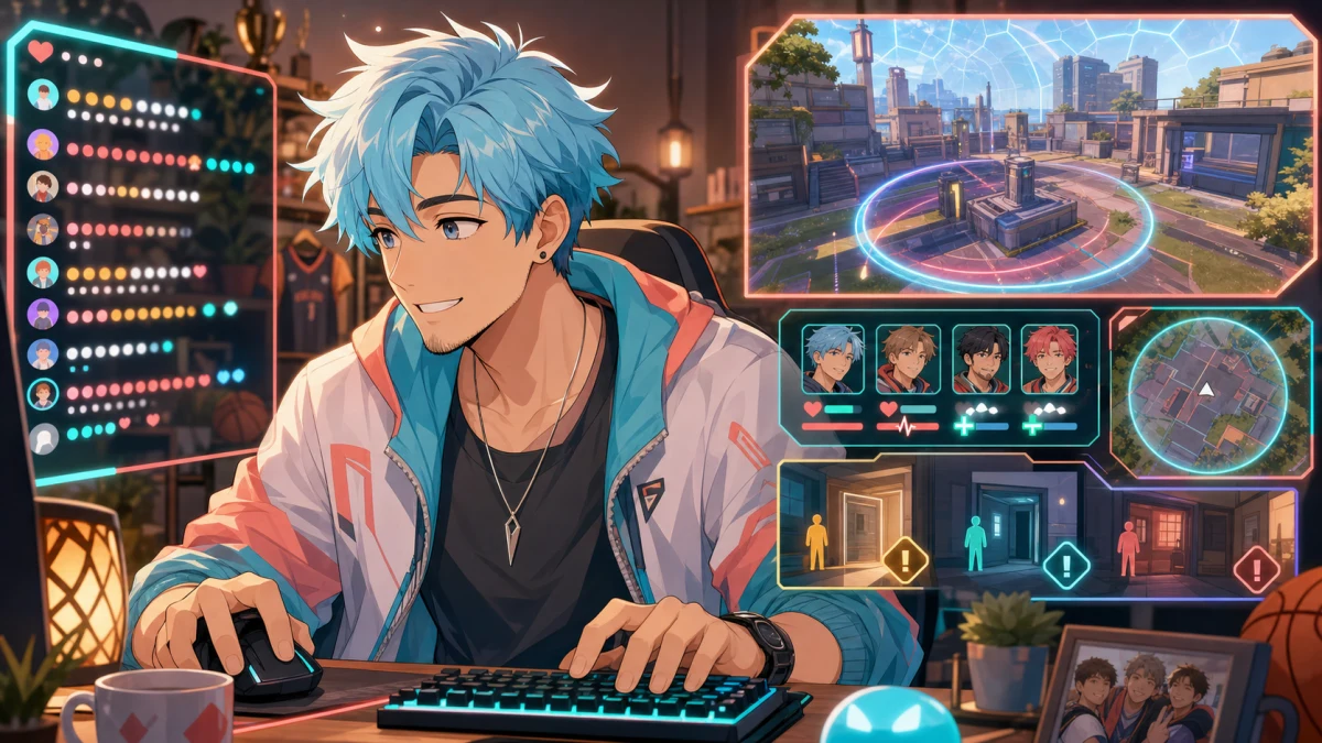 FPSの合間にコメント欄と雑談を見ながら装備を整える男性キャラクターのイメージ