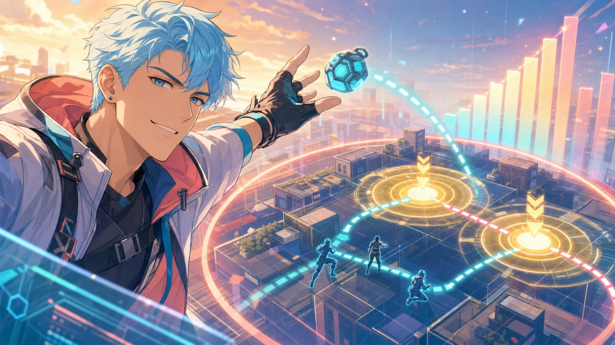 明るい未来的な戦場でグレネードと移動ルートを考えながら勝利へ向かう男性キャラクターのイメージ