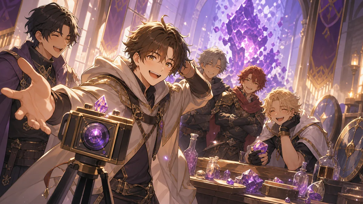 ハデス討伐後に仲間と写真撮影しながら振り返るオリジナル男性キャラクターのイメージ