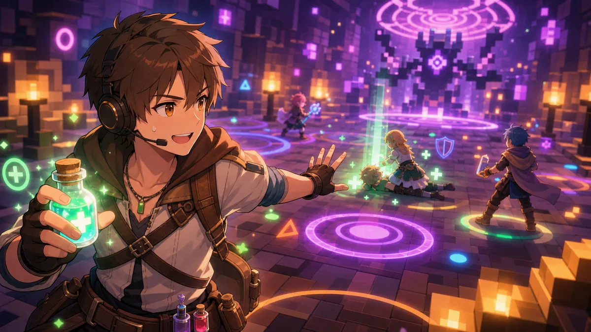 3層ボス戦で魔法陣と蘇生を見ながら討伐を押し切るオリジナル男性キャラクターのイメージ