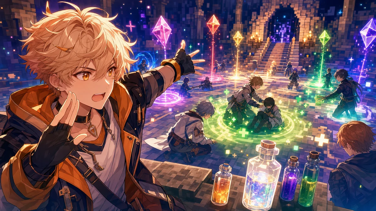 10層ボス前に色コールと蘇生の声掛けを確認する男性オリジナルキャラクターのイメージ