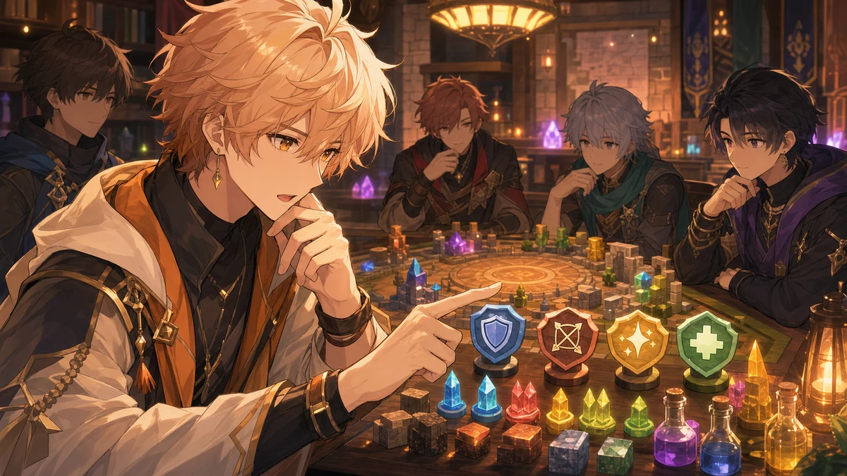 長時間レイドで色名と職業構成をホワイトボード風の作戦卓で見直す男性オリジナルキャラクターのイメージ