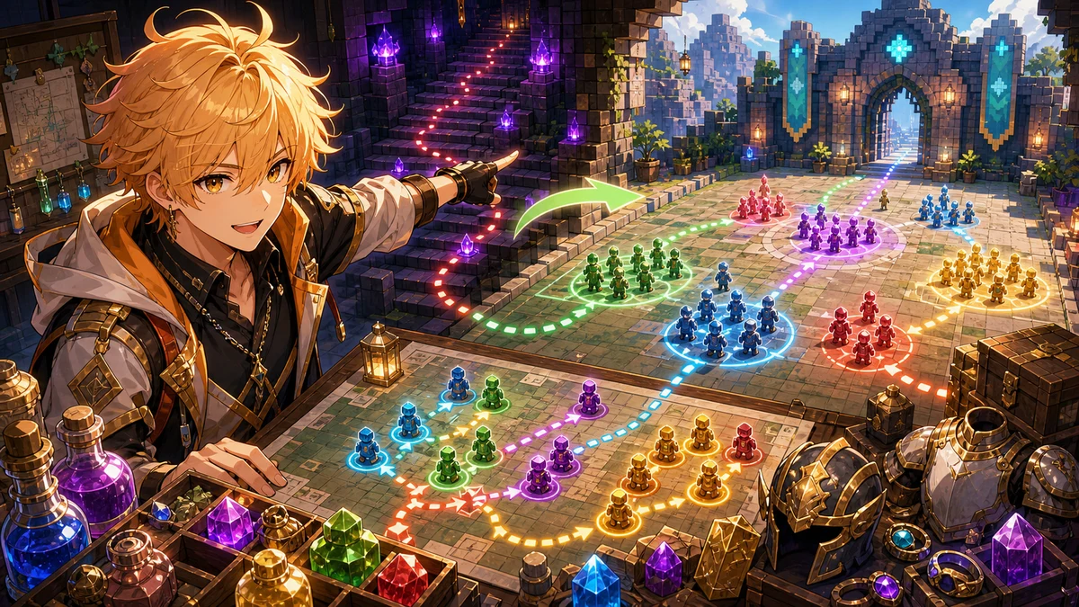 6時間台の10層レイド再編、平地と大人数編成を相談する男性オリジナルキャラクターのイメージ
