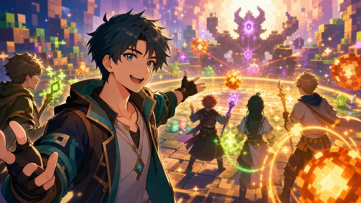 助っ人合流後の共闘レイドで作戦を共有するオリジナル男性キャラクターのイメージ
