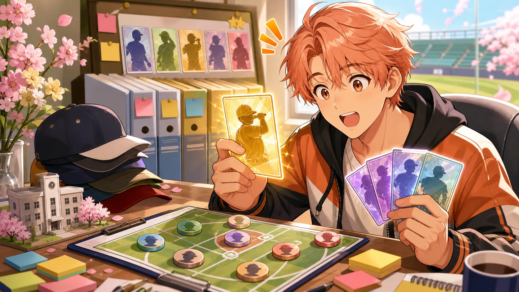 入学式の机に並ぶ野球帽と資料、抽象的な選手カードを眺める男性キャラクターのイメージ