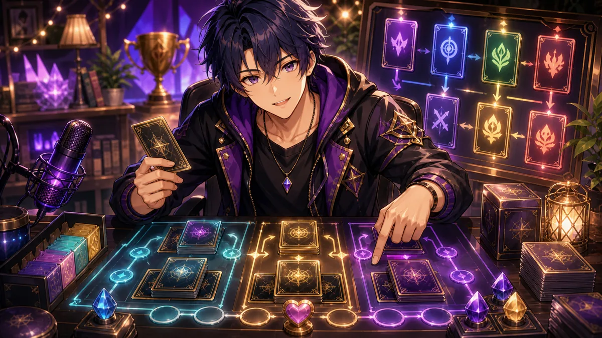 進化ナイトメアの勝ち筋とマリガンをカードメモで整理するオリジナル男性キャラクターのイメージ