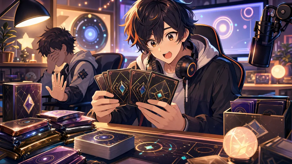 配信机でカードを広げる男性キャラクターと、奥で顔を覆う対戦相手