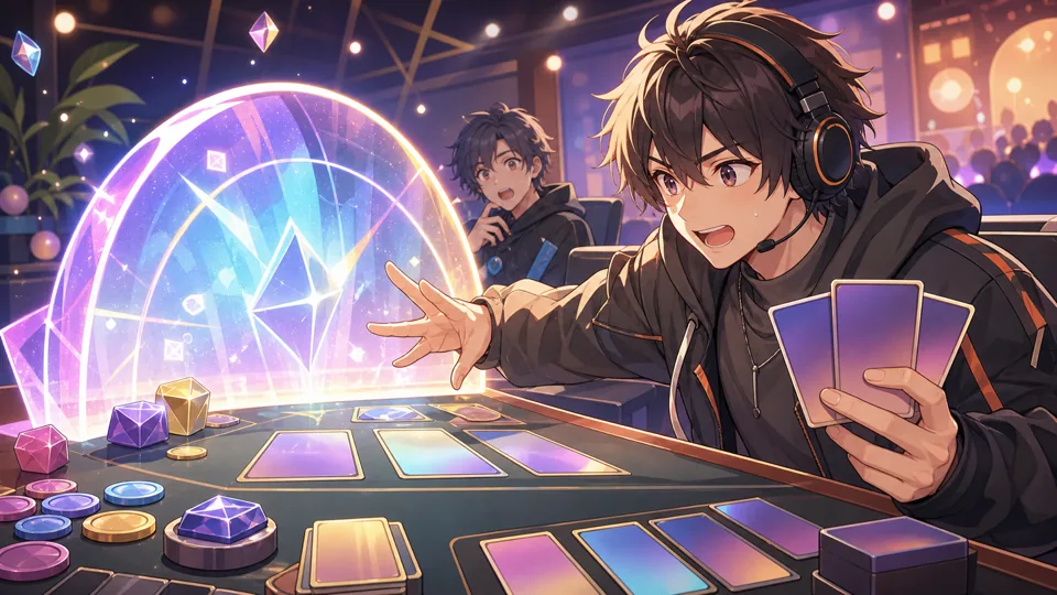 大きな光の盾を前にカードを握って計算する男性キャラクター