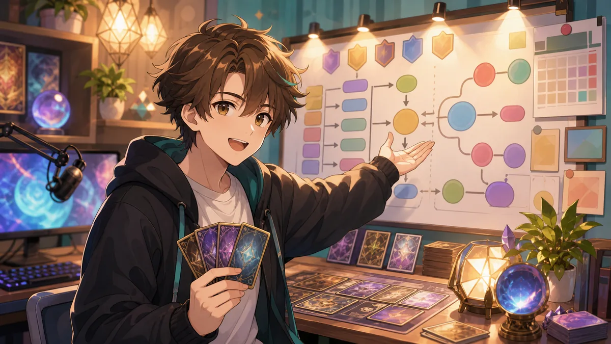 大会前日の配信部屋でカードと予定表を整理するオリジナル男性キャラクターのイメージ