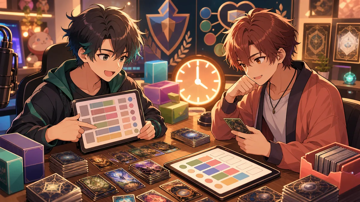 カード束と提出用のデッキ情報を前に相談するオリジナル男性キャラクターたちのイメージ