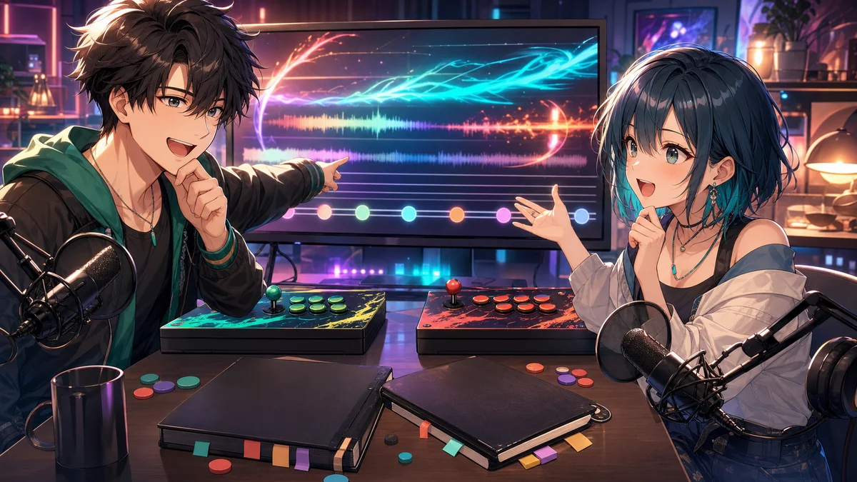 スト6の10先切り抜きの章立てと元配信導線を明るい配信部屋で整理するオリジナル男女キャラクターのイメージ