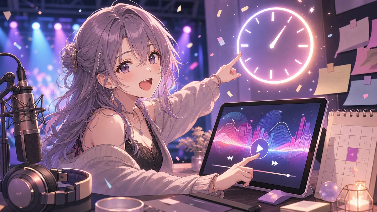 時計と音楽プレイヤーを気にしながら配信を進めるオリジナル女性キャラクターのイメージ