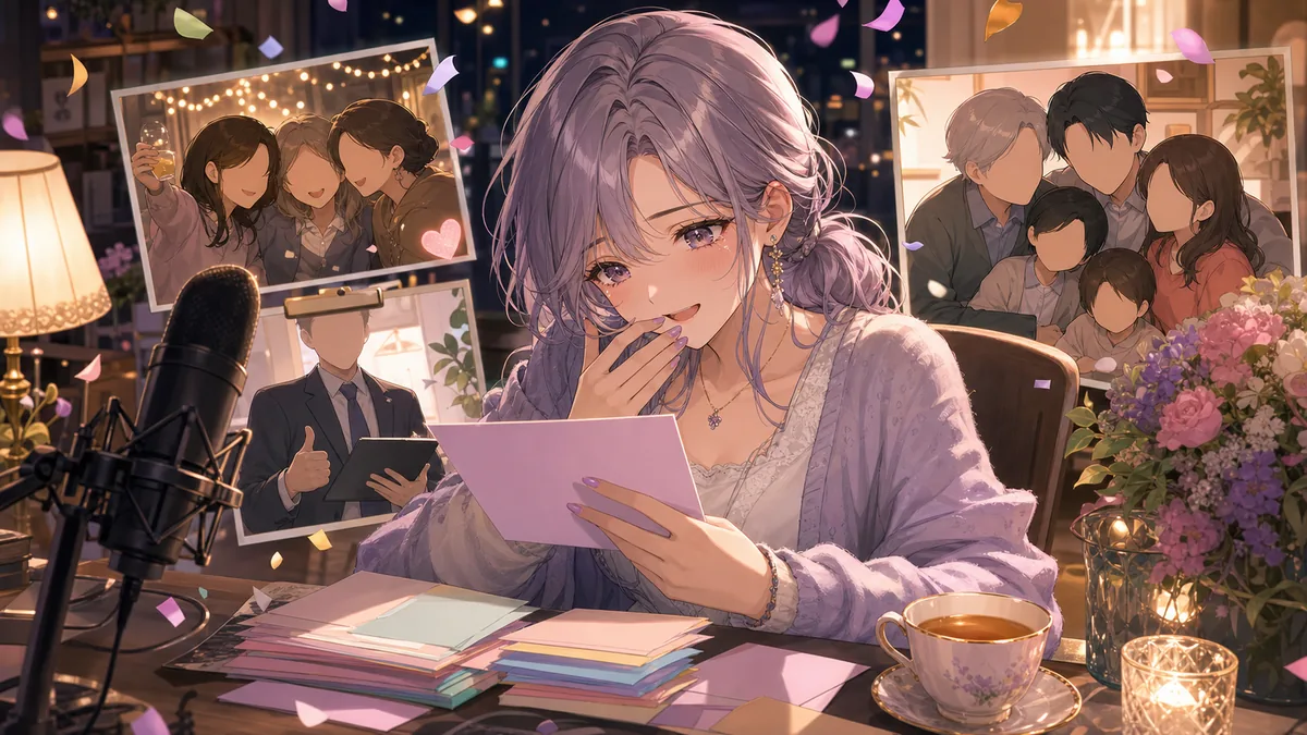 身近な人から届いたカードを机に並べて読むオリジナル女性キャラクターのイメージ
