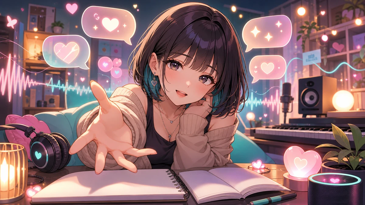 やわらかなハートの光と音の波に囲まれたオリジナル女性キャラクターのイメージ