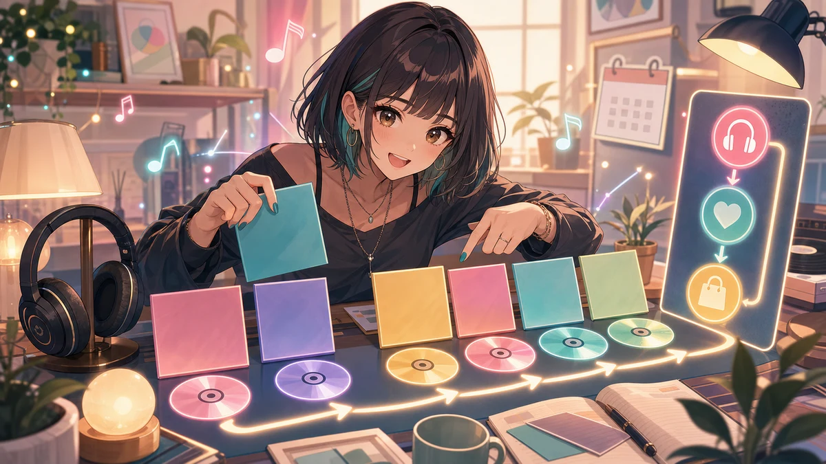 カラフルなディスクと音楽カードを机に並べるオリジナル女性キャラクターのイメージ