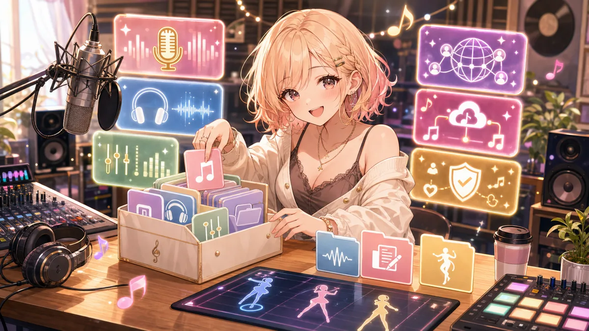 音楽配信とダンス素材を準備する明るいスタジオのオリジナル女性キャラクターのイメージ