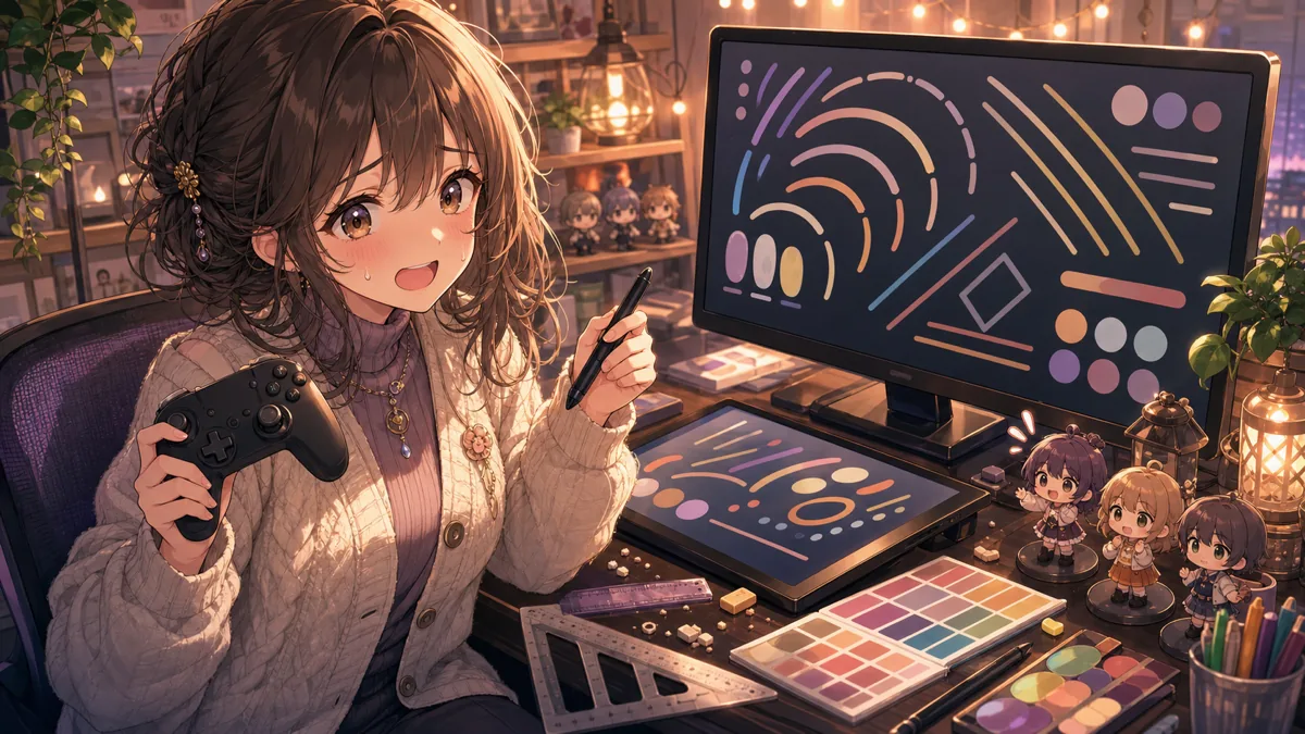 直線ツールや色パレットを試しながら自分Miiを整えるオリジナル女性キャラクターのイメージ