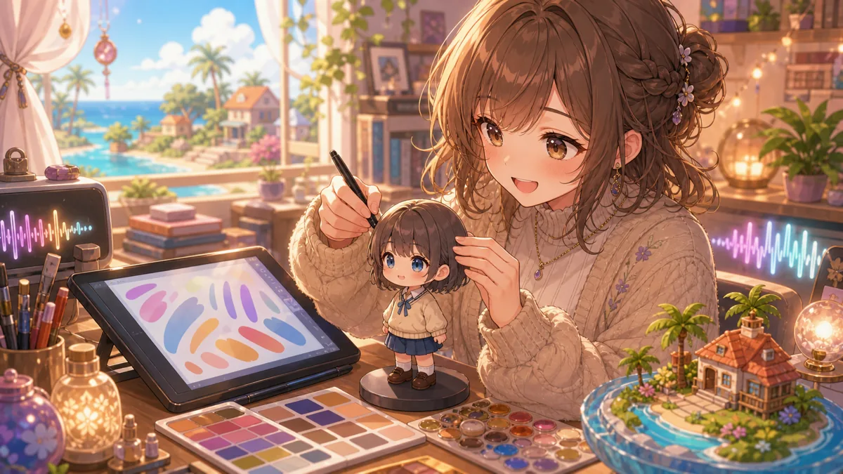青い目や笑った口元を調整しながら大切な友人のMiiを作るオリジナル女性キャラクターのイメージ