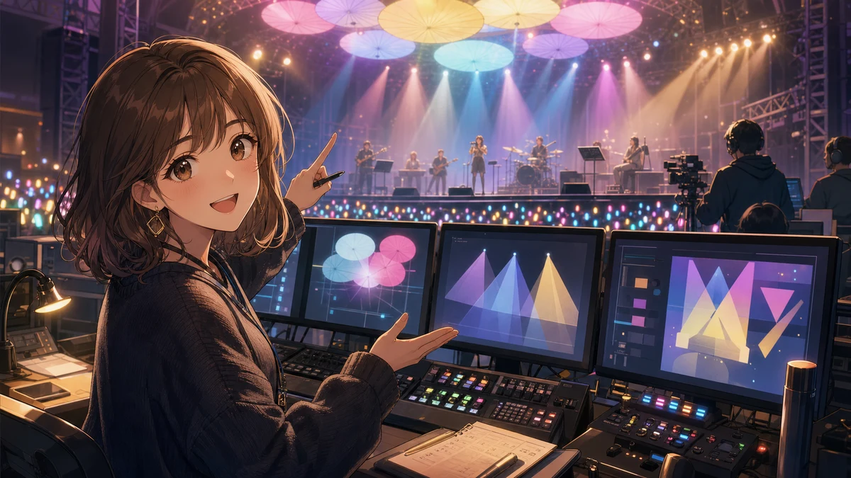 大きなモニターとペンライトの光を背景にライブ演出を説明するオリジナル女性キャラクターのイメージ