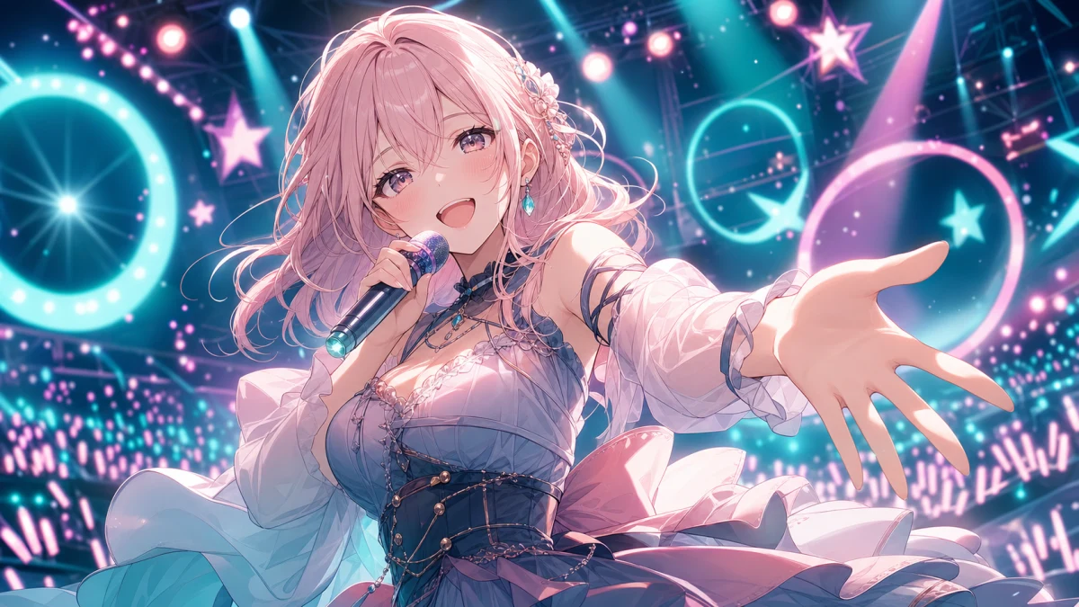 青緑とピンクの照明に包まれたステージで歌うオリジナル女性キャラクターのイメージ