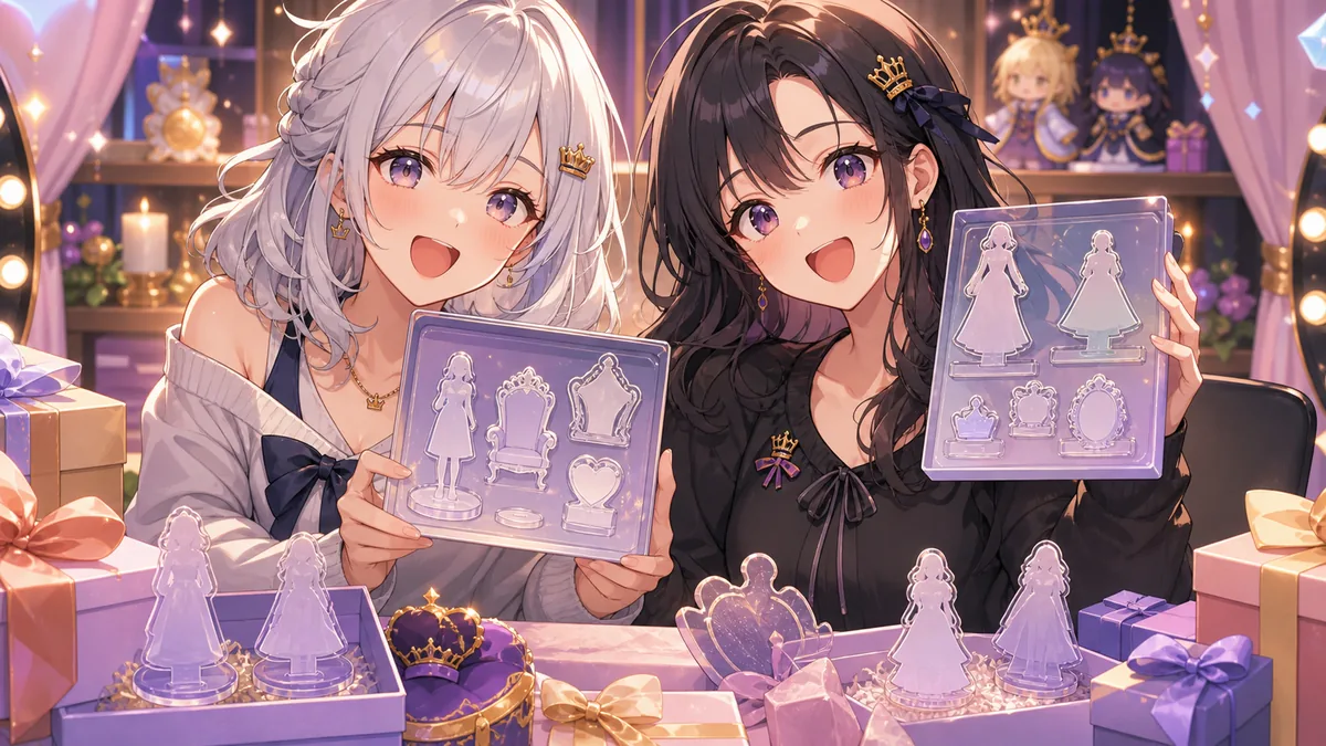 ロイヤルテーマのグッズを紹介する配信卓とオリジナル女性キャラクター二人のイメージ