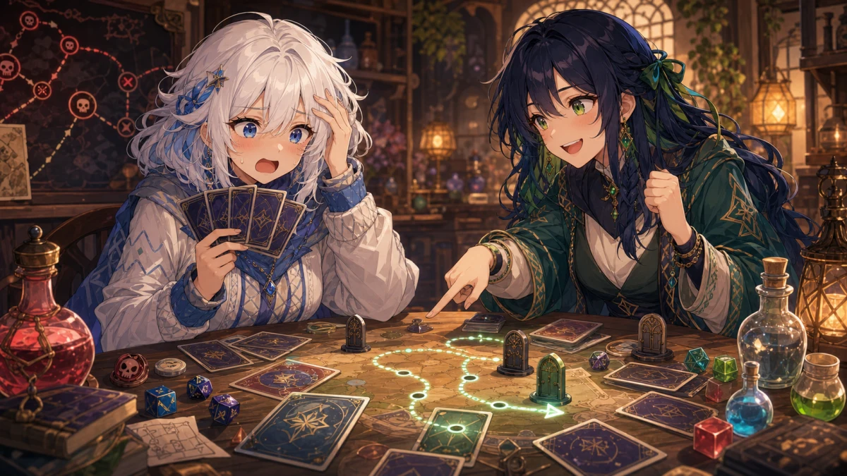 カードを並べた机で一度倒れたあと作戦を立て直す二人の冒険者のイメージ