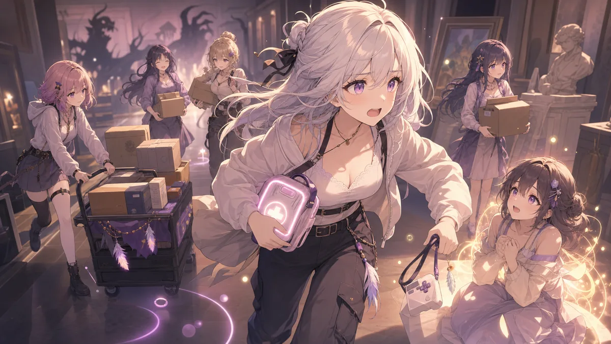 薄暗い美術館の通路で箱を運ぶ仲間の前へライトを持って走る女性キャラクターたち