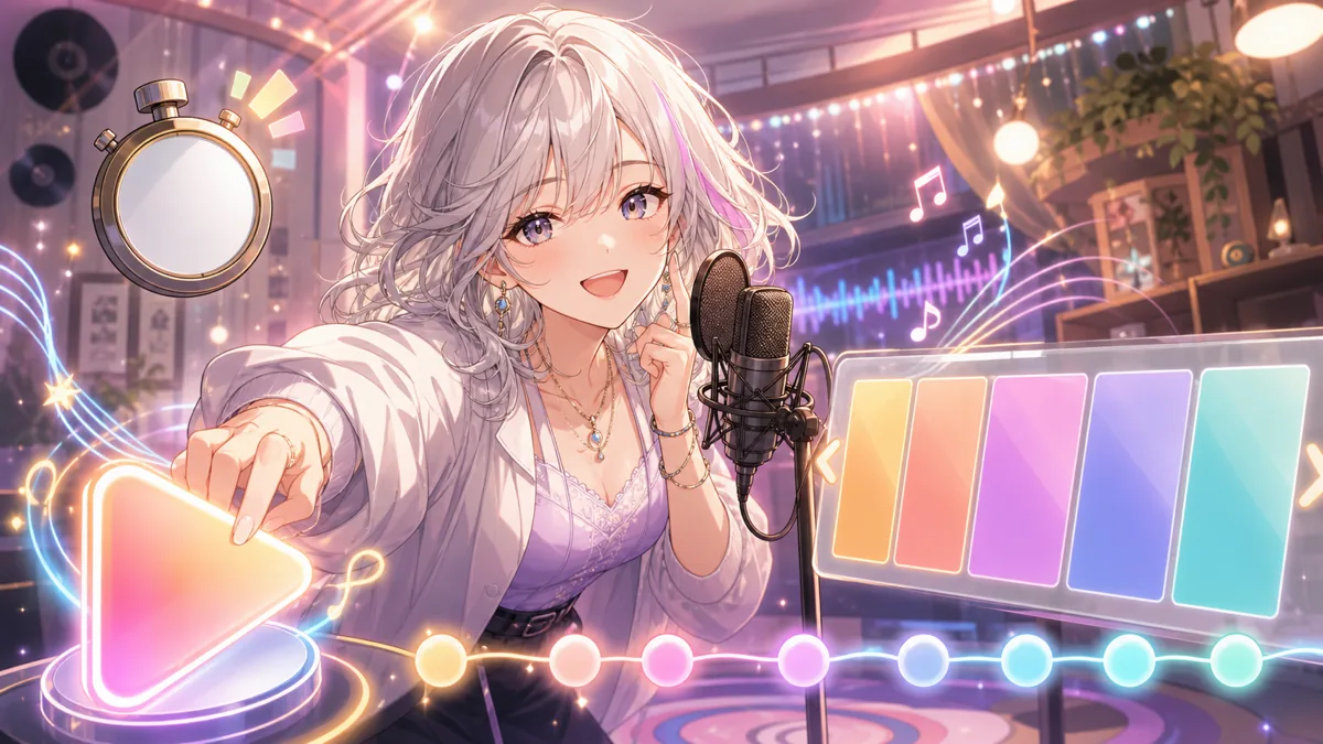 短尺カバーを再生して音楽の入口を開くオリジナル女性キャラクターのイメージ