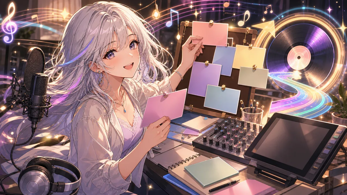 概要欄の制作クレジットと原曲リンクを整理するオリジナル女性キャラクターのイメージ