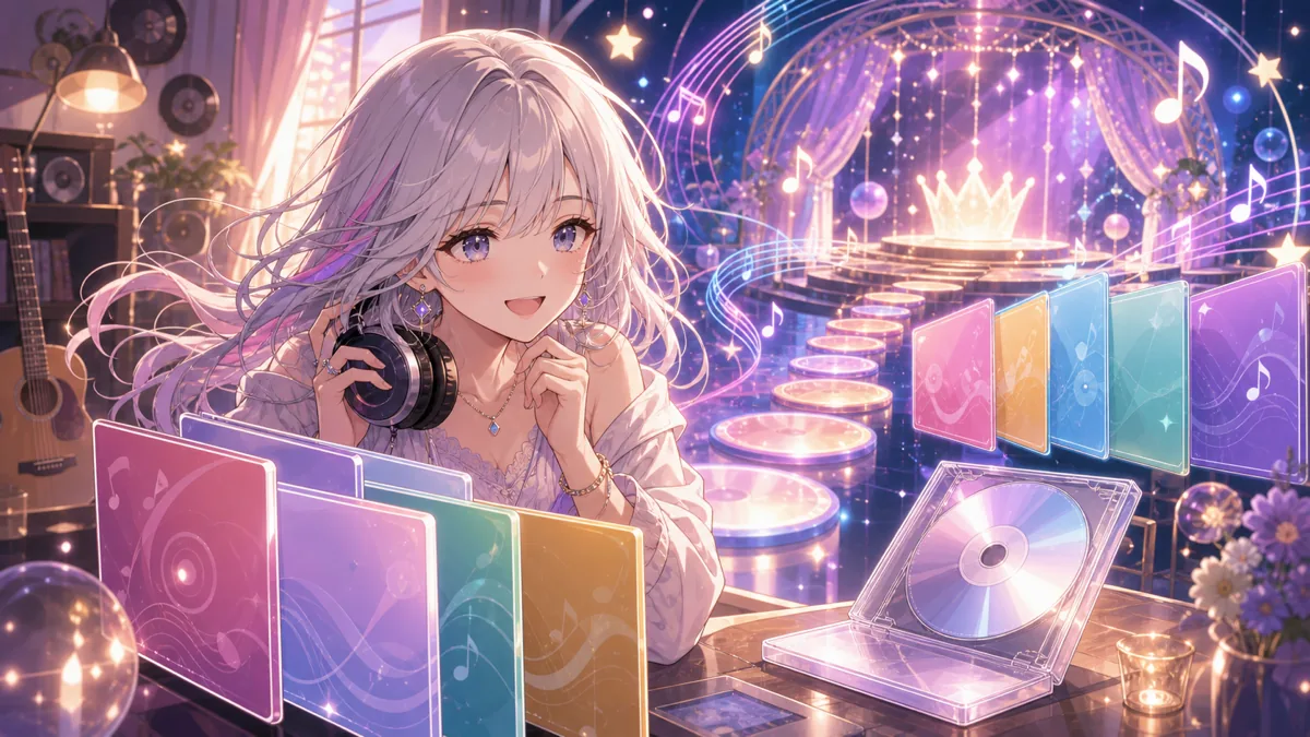 歌ってみたプレイリストとアルバムへ進む音楽導線を眺めるオリジナル女性キャラクターのイメージ