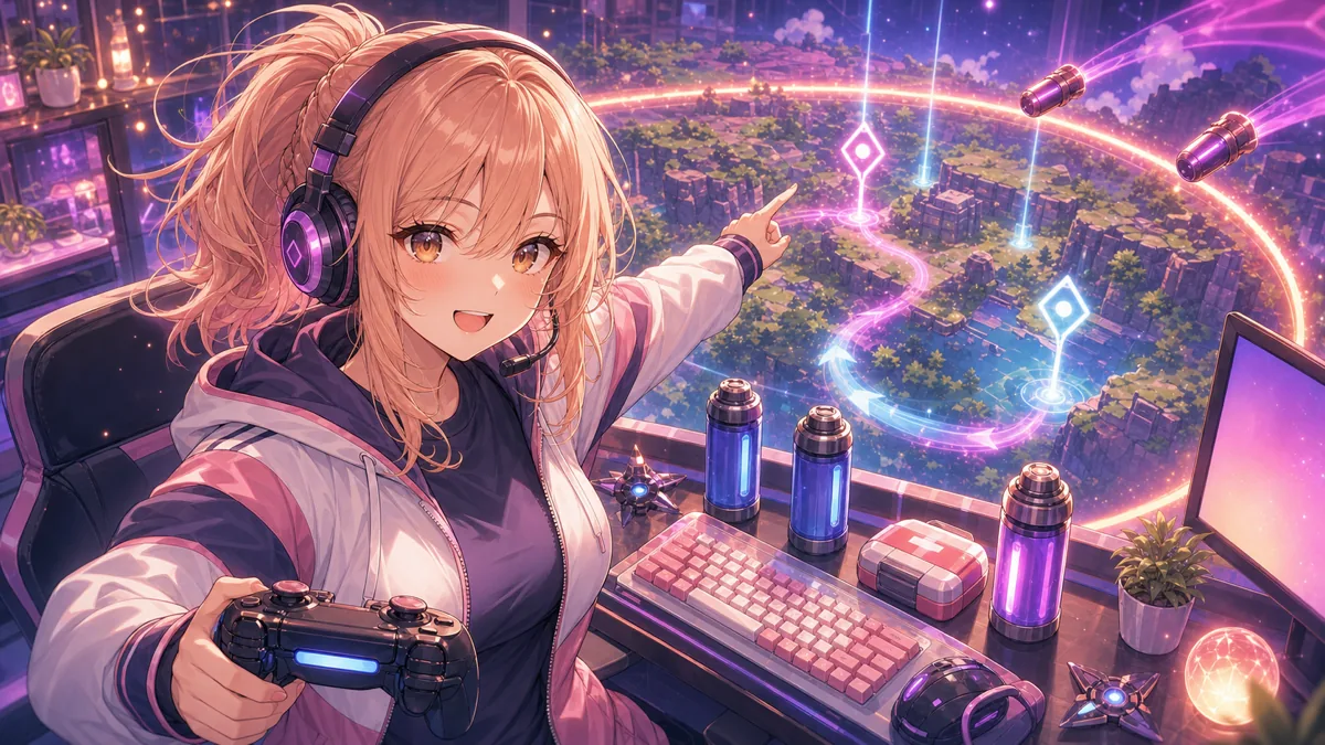 夜の配信部屋で協力ホラーゲームの準備をするオリジナル女性キャラクターのイメージ