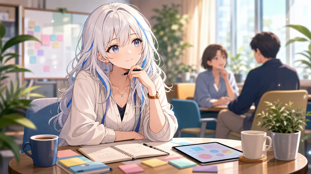 明るいオフィスラウンジで活動計画を相談するオリジナル女性キャラクターのイメージ