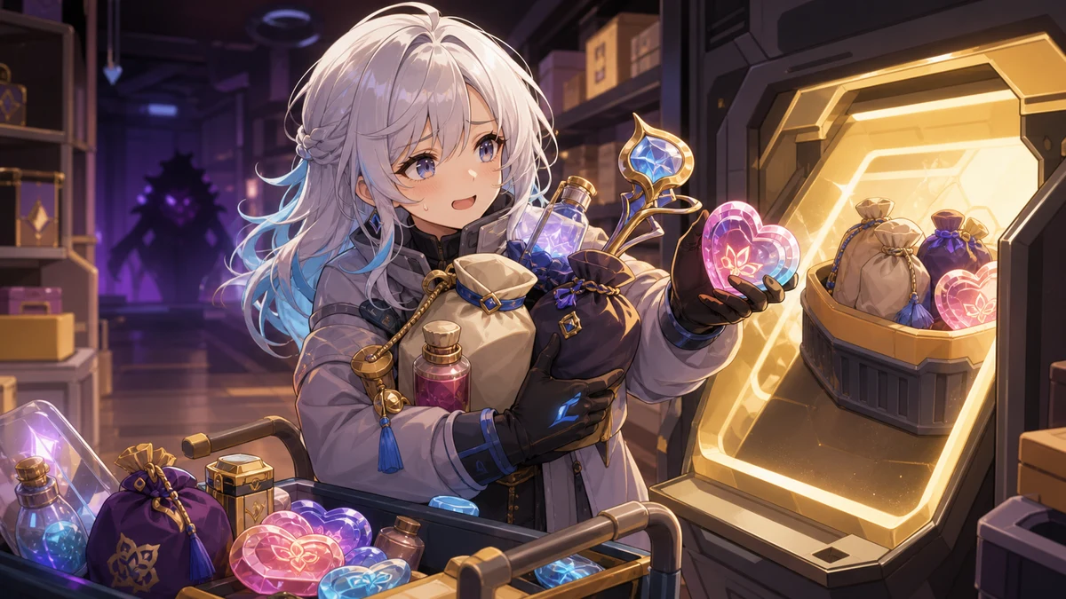 小さな袋や瓶を抱えて納品口を探す女性キャラクターと柔らかい照明の探索部屋のイメージ