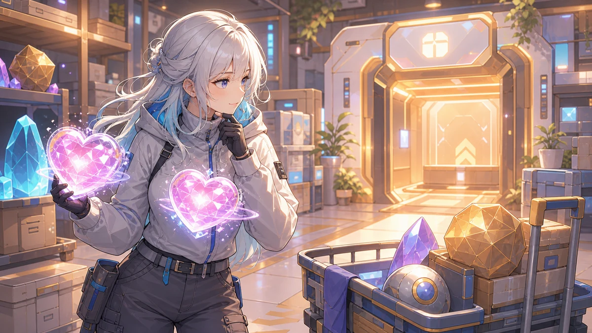 二つのハート型アイテムとカートを使い分けながら探索する女性キャラクターのイメージ