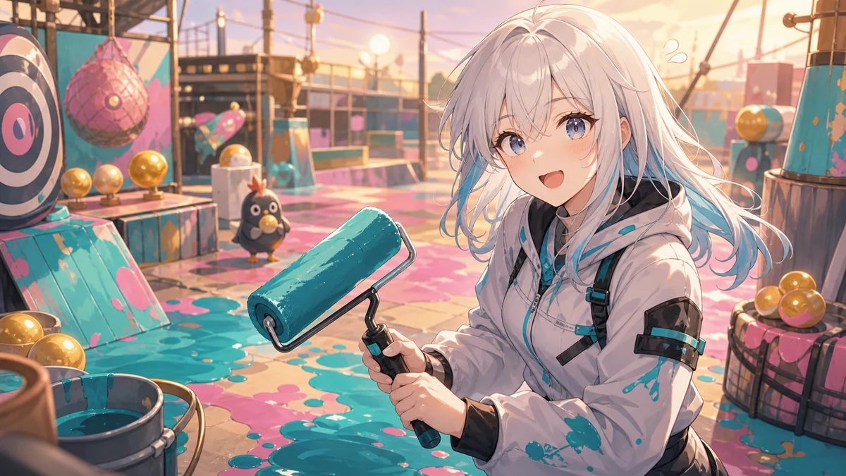カラフルなインクの作業場でローラーを持つ白髪のオリジナル女性キャラクターが仲間と準備するイメージ