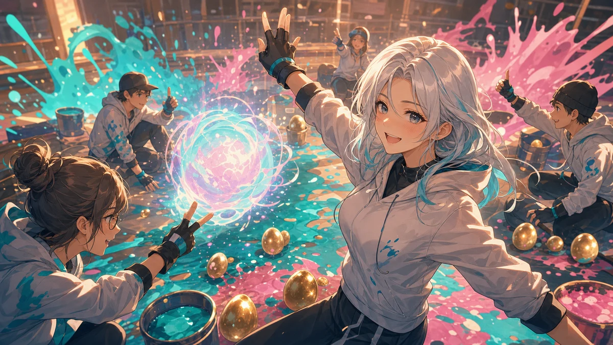 インクの光が飛び交う協力ステージで仲間へ合図を送る白髪のオリジナル女性キャラクターのイメージ