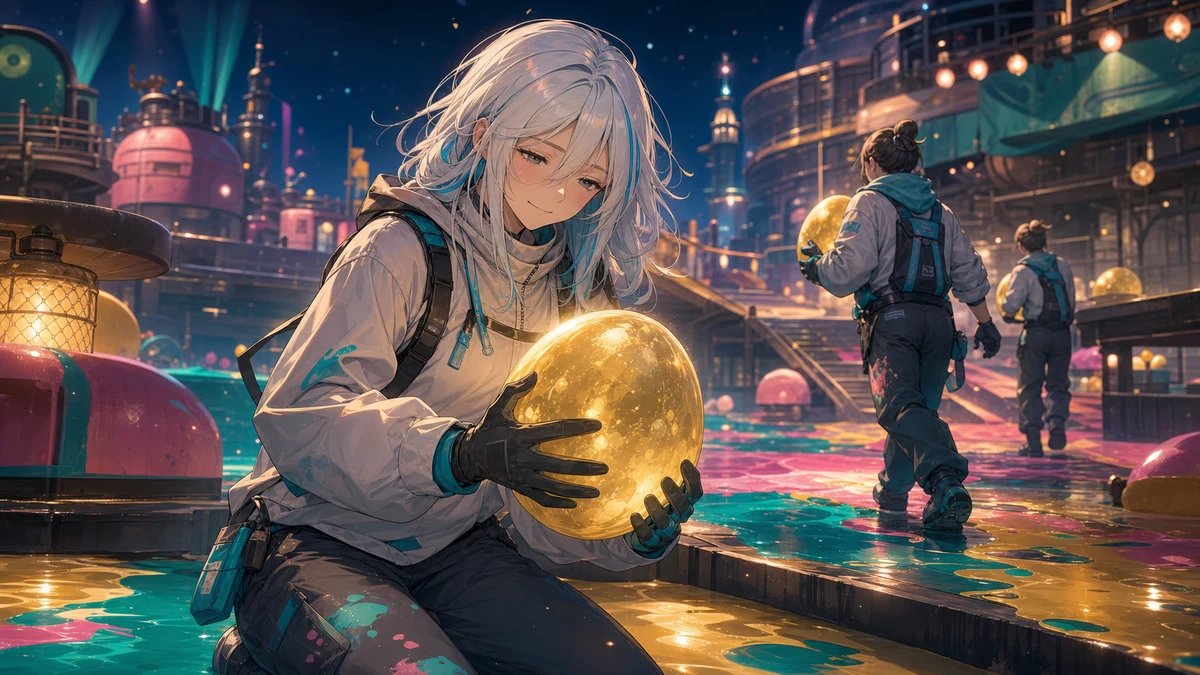 夜のインクステージで巨大な影と金イクラに囲まれながら粘る白髪のオリジナル女性キャラクターのイメージ