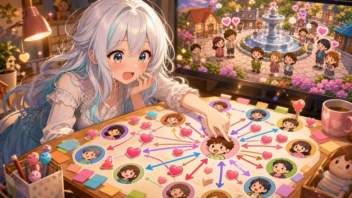 ミオを中心に片思いの矢印を整理するオリジナル女性キャラクターのイメージ