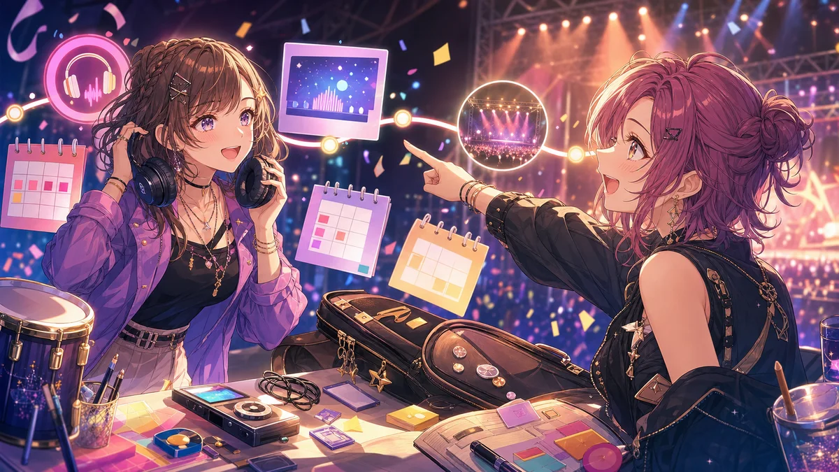 紙吹雪の舞うライブステージで複数のマイクと小さな楽器を囲む成人女性キャラクターたちのイラスト