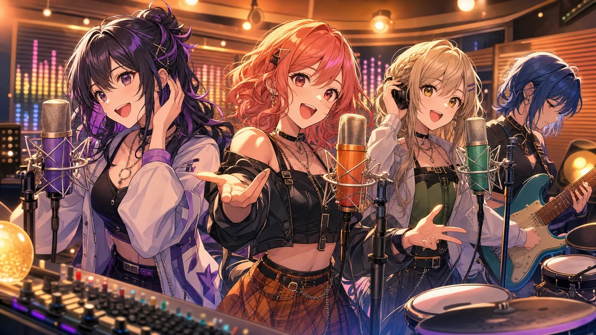 明るい音楽スタジオで4本のマイク、ギター、ドラム小物を前に笑う成人女性キャラクターたちのイラスト