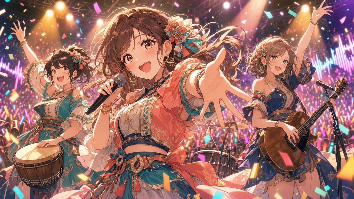 ペンライトが光るライブ会場で紙吹雪と小さな打楽器を持つ成人女性キャラクターたちのイラスト