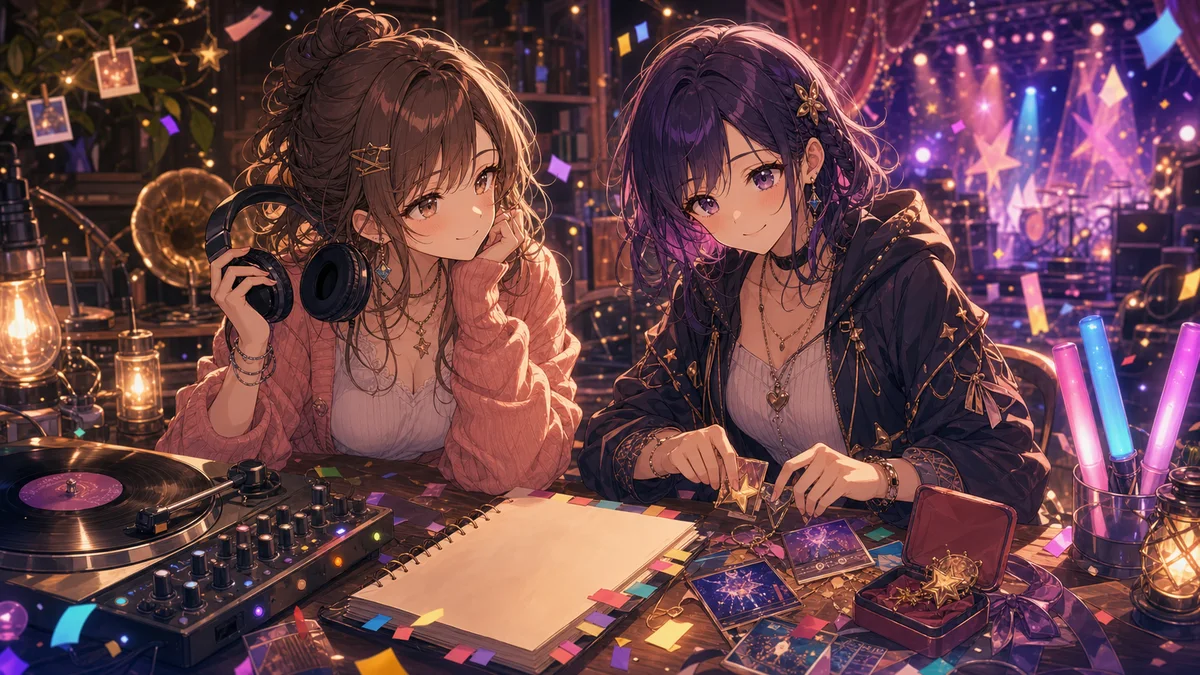 夕方の部室風スペースで思い出ノート、配信サービス端末、ライブ小物を並べる成人女性キャラクターたちのイラスト